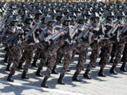 FILE - Soldiers march in a parade for the 70th anniversary of North Korea&rsquo;s founding day in Pyongyang, North Korea, on Sept. 9, 2018.