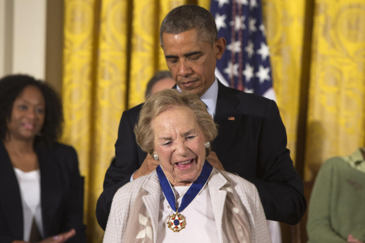 FILE - President Barack Obama awards Ethel Kennedy the Presidential Medal of Freedom, Monday, Nov. 24, 2014, during a ceremony in the East Room of the White House in Washington.