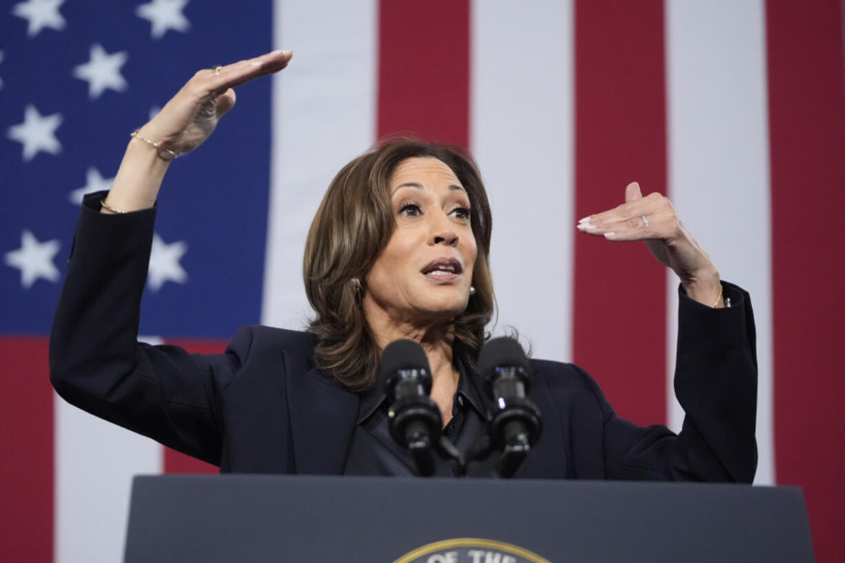 Democratic presidential nominee Vice President Kamala Harris speaks during an event at the Redford Township Fire Department North Station in Redford Township, Mich., Friday, Oct. 4, 2024.