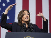 Democratic presidential nominee Vice President Kamala Harris speaks during an event at the Redford Township Fire Department North Station in Redford Township, Mich., Friday, Oct. 4, 2024.