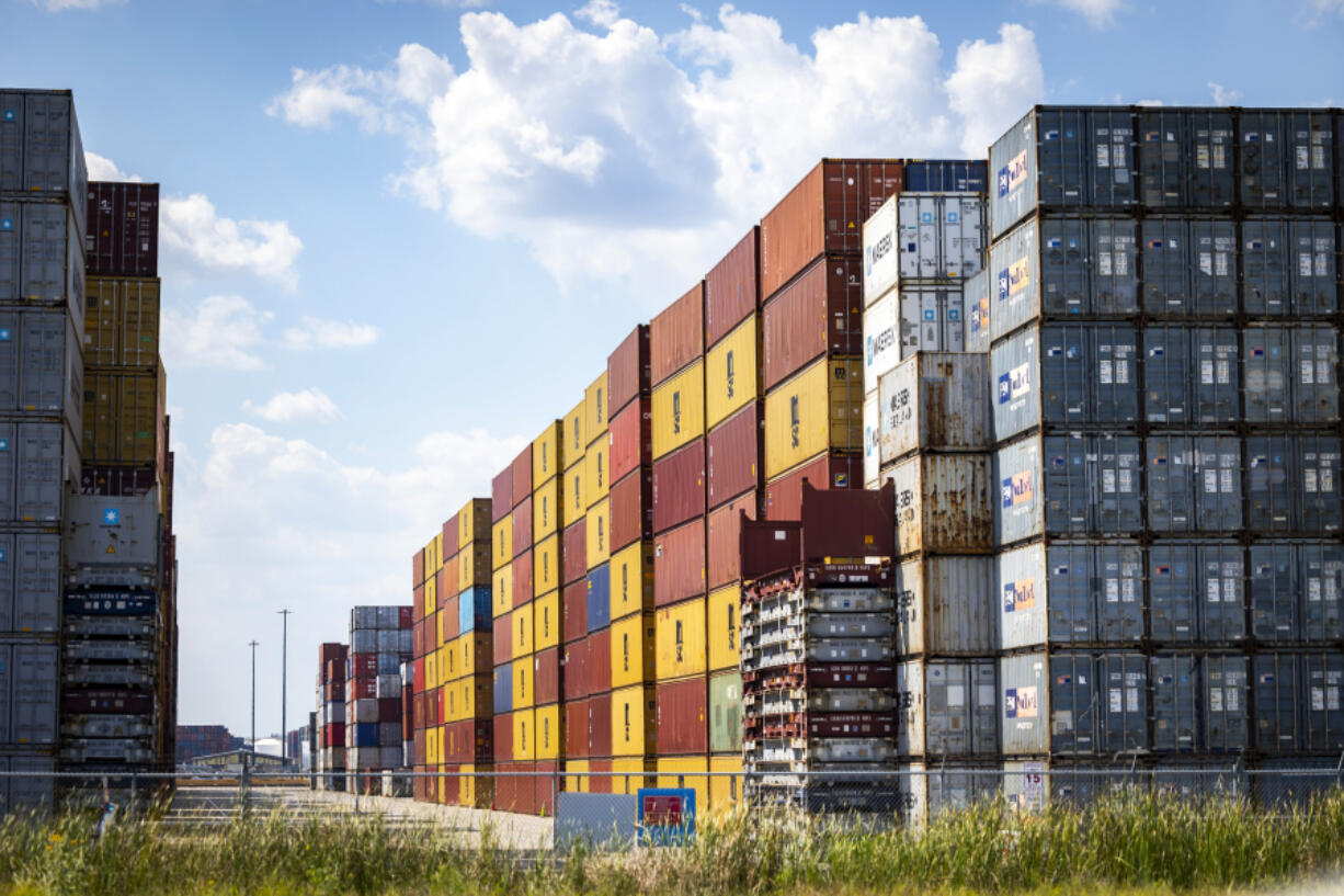 Stacked containers line the Bayport Container Terminal during the first day of a dockworkers strike on Tuesday, Oct. 1, 2024, in Houston.