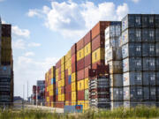 Stacked containers line the Bayport Container Terminal during the first day of a dockworkers strike on Tuesday, Oct. 1, 2024, in Houston.