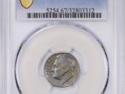 A 1975 proof set dime mistakenly made without the San Francisco Mint&rsquo;s letter S mintmark.