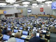 In this photo released by The State Duma, Lower House of the Russian Parliament Press Service, a view of a session of the State Duma, in Moscow, Russia, Wednesday, Sept. 25, 2024.