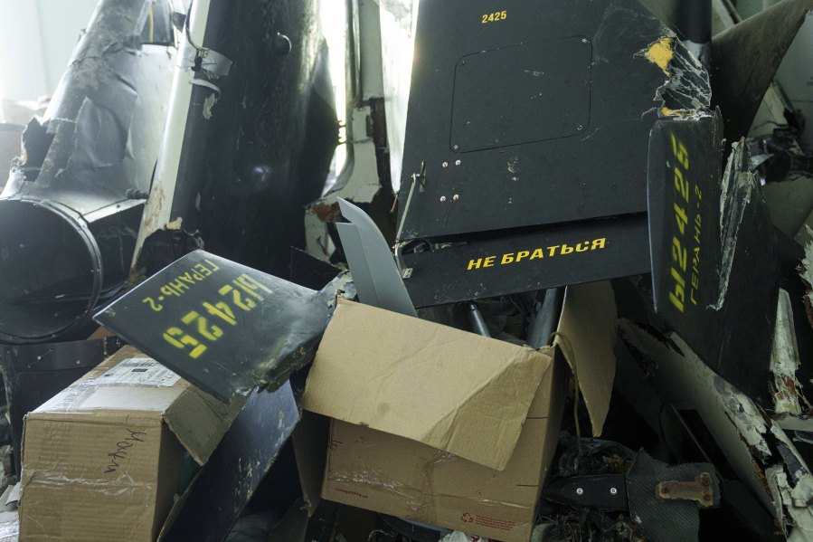 Parts of downed Shahed drones launched by Russia are piled in a storage room of a research laboratory in Kyiv, Ukraine, on Aug. 28, 2024.