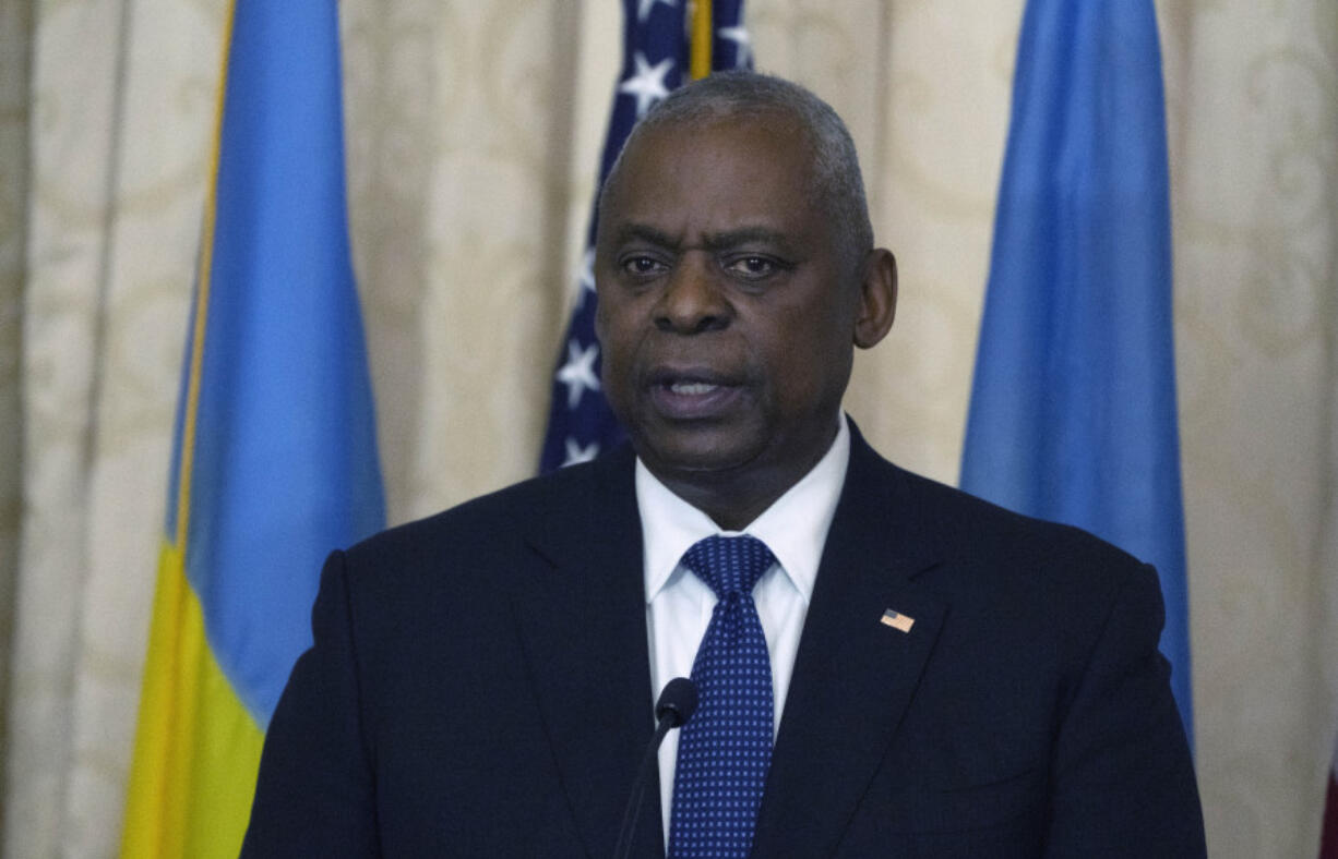 US Secretary of Defence Lloyd Austin makes a speech at Diplomatic Academy of Ukraine in Kyiv, Ukraine, Monday, Oct. 21, 2024.