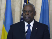 US Secretary of Defence Lloyd Austin makes a speech at Diplomatic Academy of Ukraine in Kyiv, Ukraine, Monday, Oct. 21, 2024.