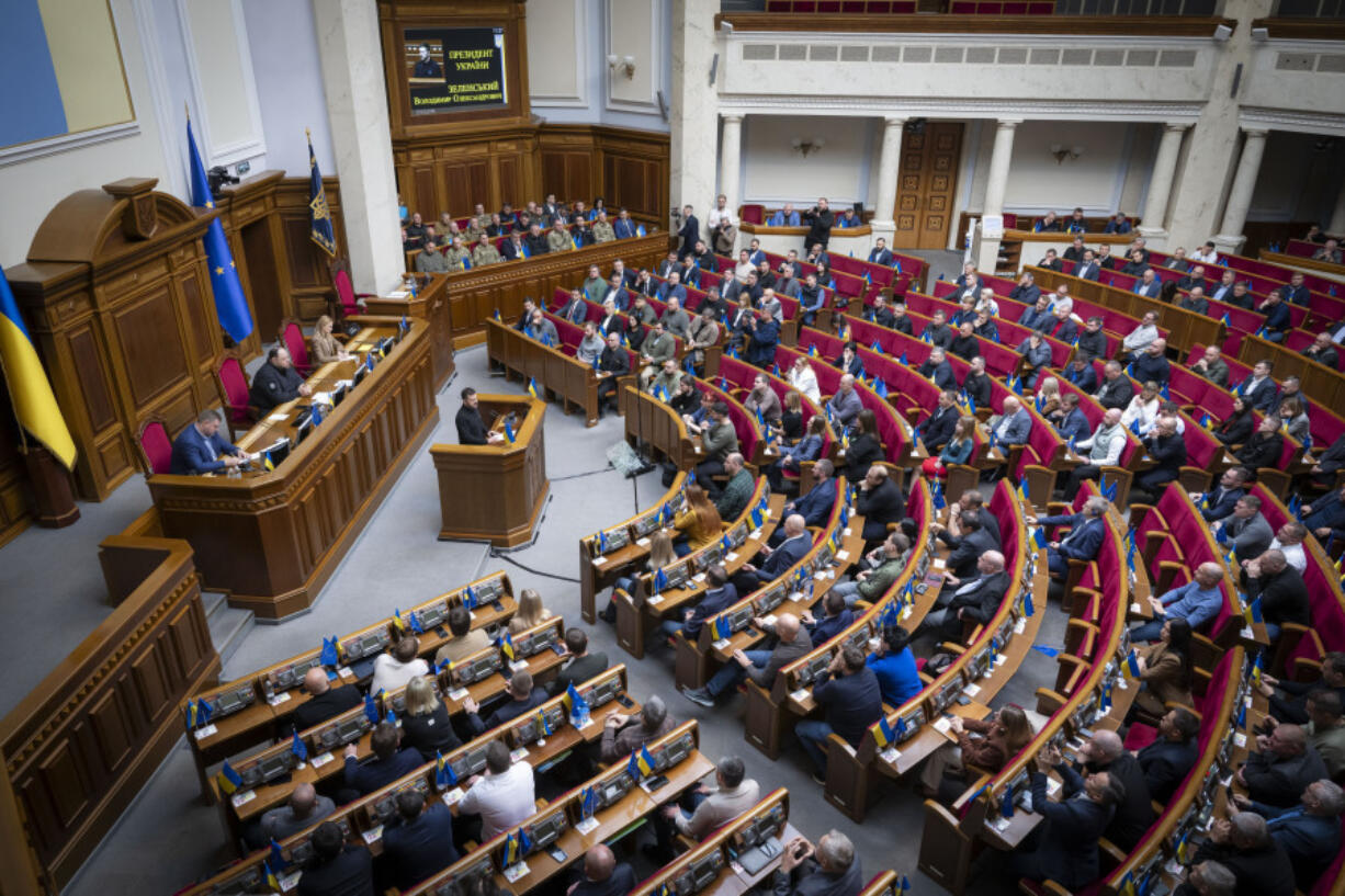 In this photo provided by the Press Service Of The President Of Ukraine on Oct. 16, 2024, Ukraine&rsquo;s President Volodymyr Zelenskyy speaks to parliamentarians at Verkhovna Rada in Kyiv, Ukraine.