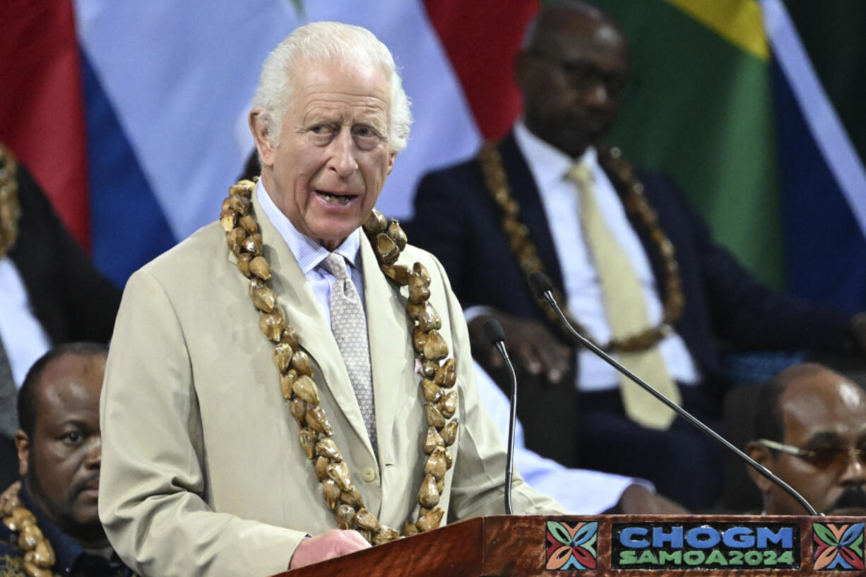 Britain&rsquo;s King Charles III delivers a speech during the opening ceremony for the Commonwealth Heads of Government Meeting (CHOGM) in Apia, Samoa, on Friday, Oct. 25, 2024.