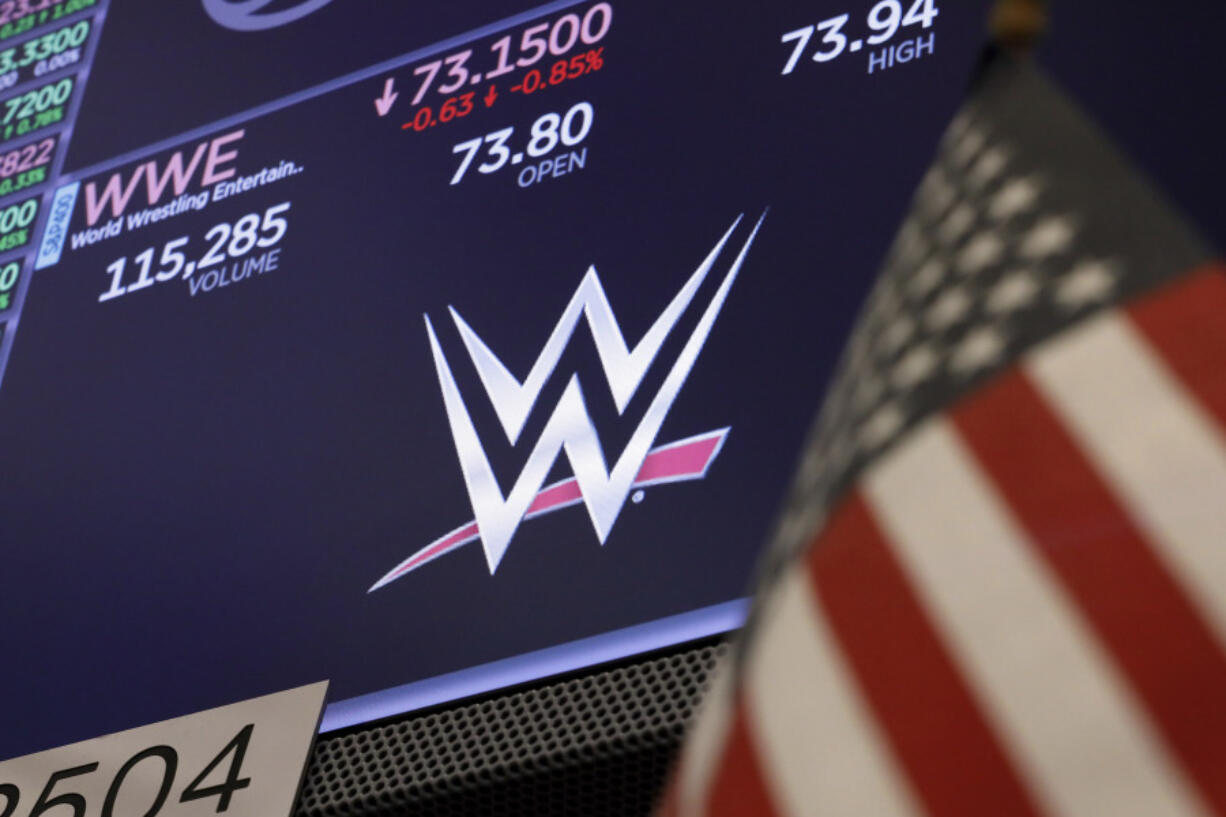 The logo for World Wrestling Entertainment, WWE, appears above a trading post on the floor of the New York Stock Exchange, Sept. 13, 2019.