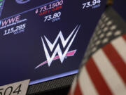 The logo for World Wrestling Entertainment, WWE, appears above a trading post on the floor of the New York Stock Exchange, Sept. 13, 2019.