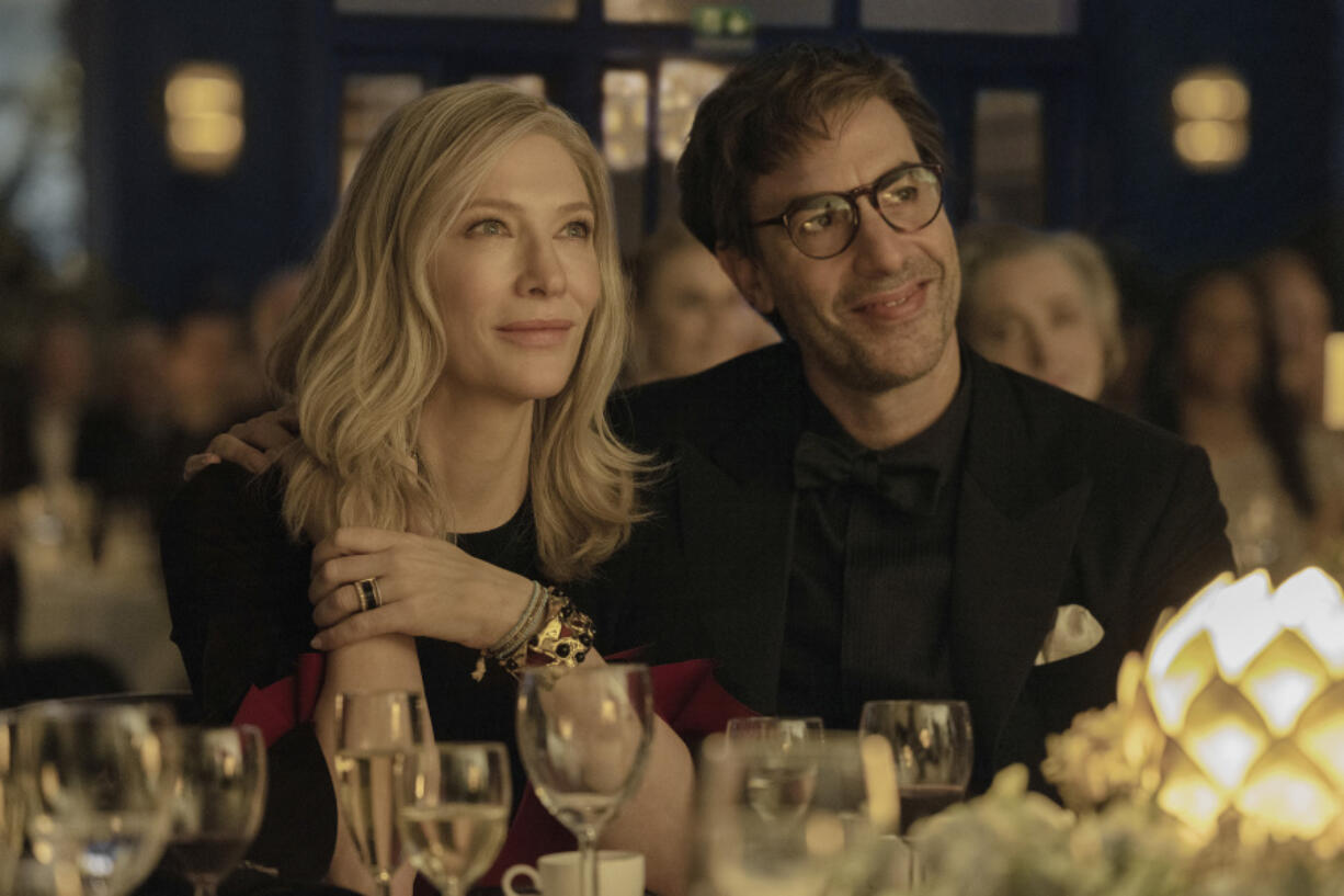 This image released by Apple TV+ shows Cate Blanchett, left, and Sacha Baron Cohen in a scene from &ldquo;Disclaimer.&rdquo; (Sanja Bucko/Apple TV+ via AP)