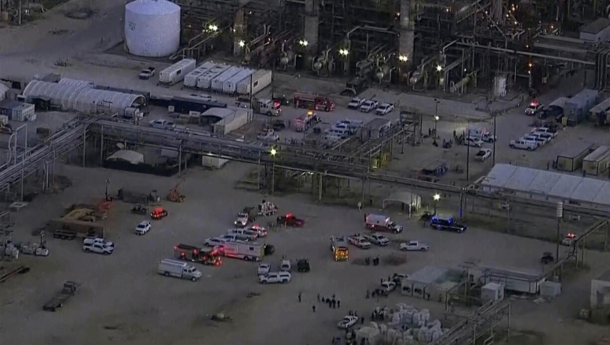 Emergency personnel arrive at oil refinery after hydrogen sulfide leaked Thursday, Oct. 10, 2024 in Houston.