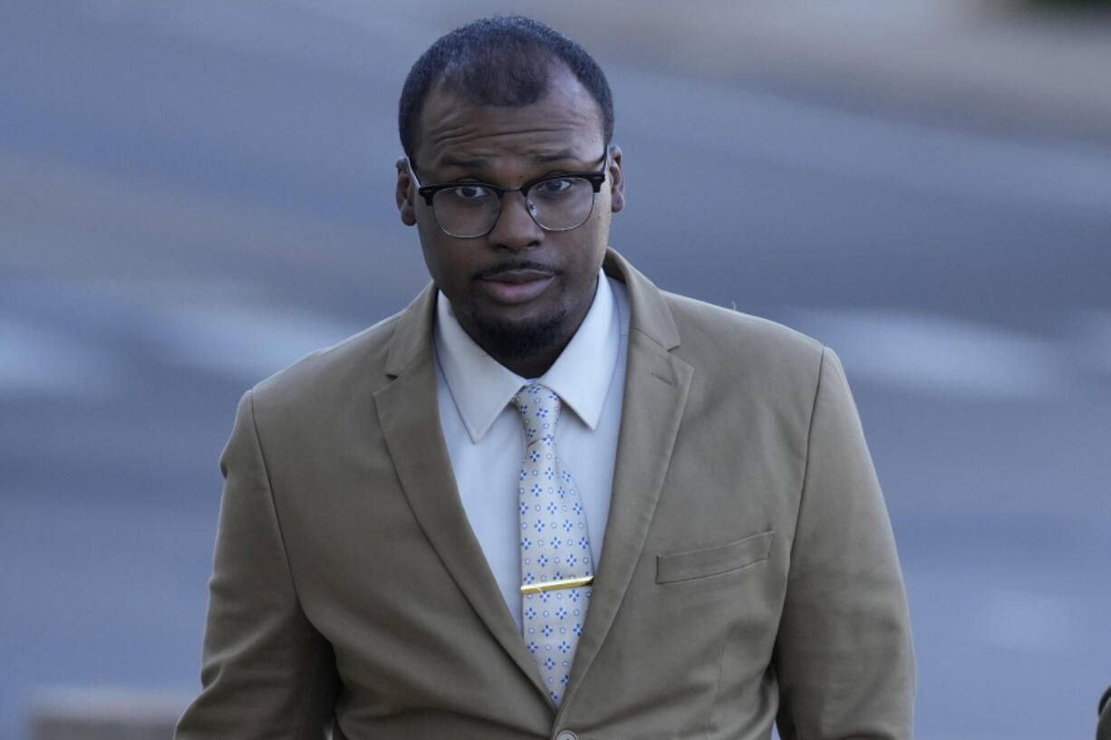 Justin Smith, one of three former Memphis police officers charged in the 2023 fatal beating of Tyre Nichols, arrives at the federal courthouse for the day&rsquo;s proceedings Thursday, Oct. 3, 2024, in Memphis, Tenn.