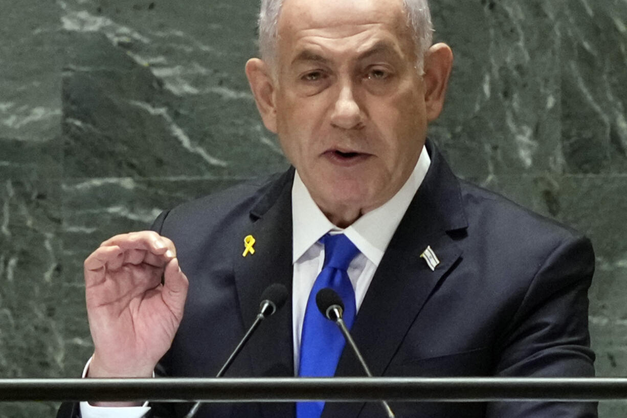 Israel Prime Minister Benjamin Netanyahu addresses the 79th session of the United Nations General Assembly, Friday, Sept. 27, 2024.