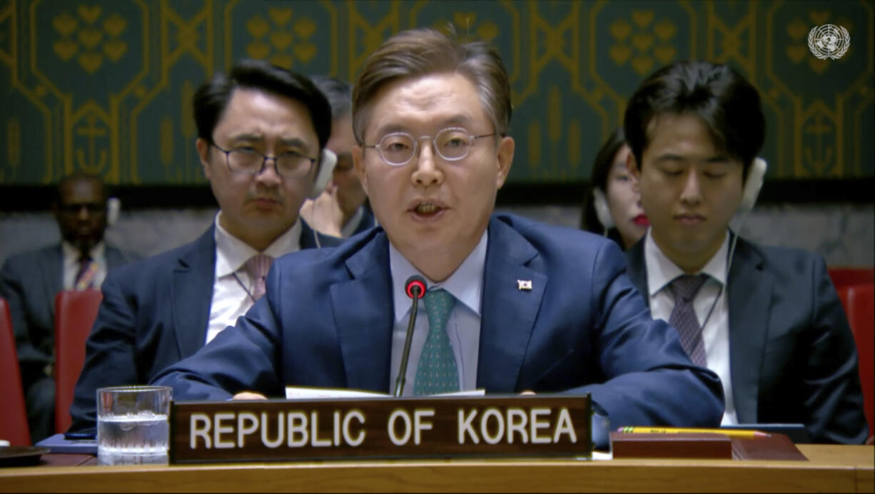 This image from United Nations Television, shows South Korea Ambassador Hwang Joon-kook during meeting of the United Nations Security Council, Wednesday, Oct. 2, 2024.