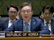 This image from United Nations Television, shows South Korea Ambassador Hwang Joon-kook during meeting of the United Nations Security Council, Wednesday, Oct. 2, 2024.