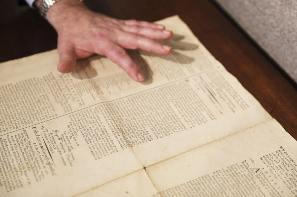 FILE- An 1787 copy of the U.S. Constitution that will be put up for auction on Sept. 28, 2024, is shown at Brunk Auctions in Asheville, North Carolina, on Thursday, Sept. 5.