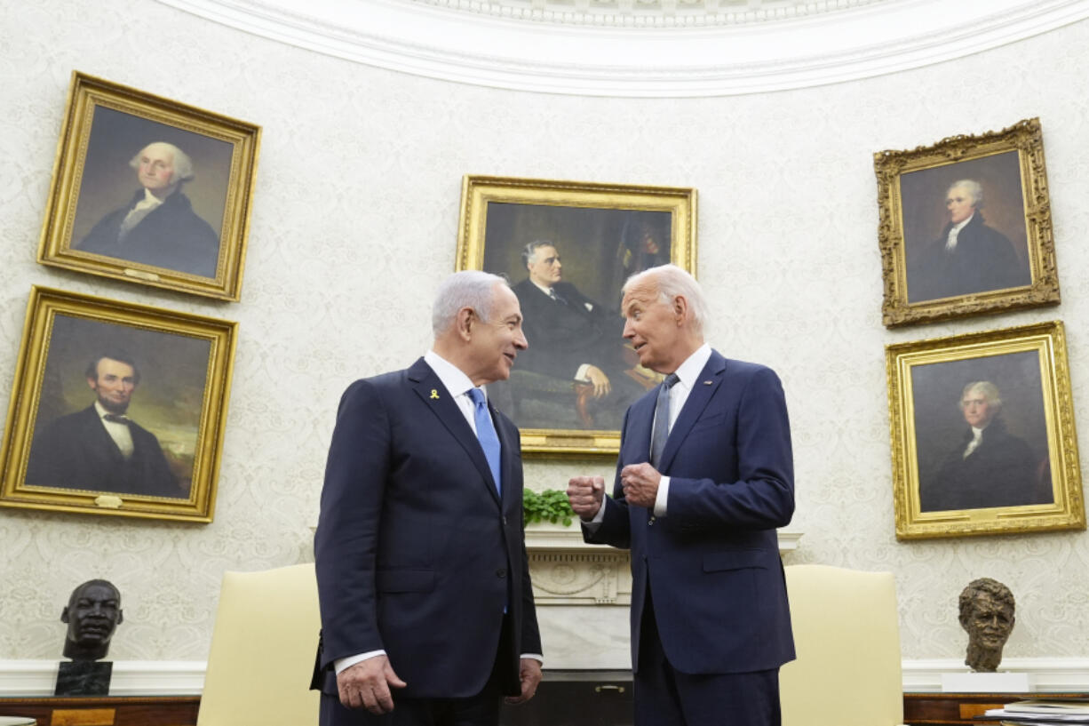 President Joe Biden, right, talks with Israeli Prime Minister Benjamin Netanyahu, left, in the Oval Office of the White House in Washington, July 25, 2024. U.S. officials say the Biden administration believes it has won assurances from Israel that it will not strike Iranian nuclear or oil sites as it looks to strike back following Iran&rsquo;s missile barrage earlier this month. The officials, who spoke on condition of anonymity to discuss private diplomatic discussions, cautioned that the pledge is not iron-clad and that circumstances could change.