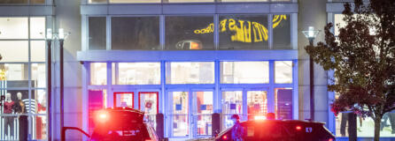 Police vehicles sit outside Macy’s at the Vancouver Mall on Thursday, Oct. 31, 2024, after a shooting.