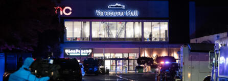 Police lights illuminate the food court entrance to Vancouver Mall after a shooting on Thursday, Oct. 31, 2024.