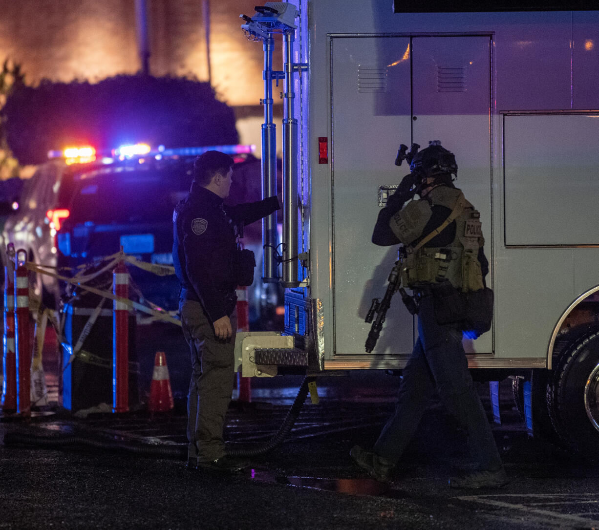 Emergency responders work outside Vancouver Mall on Thursday, Oct. 31, 2024, after a shooting.