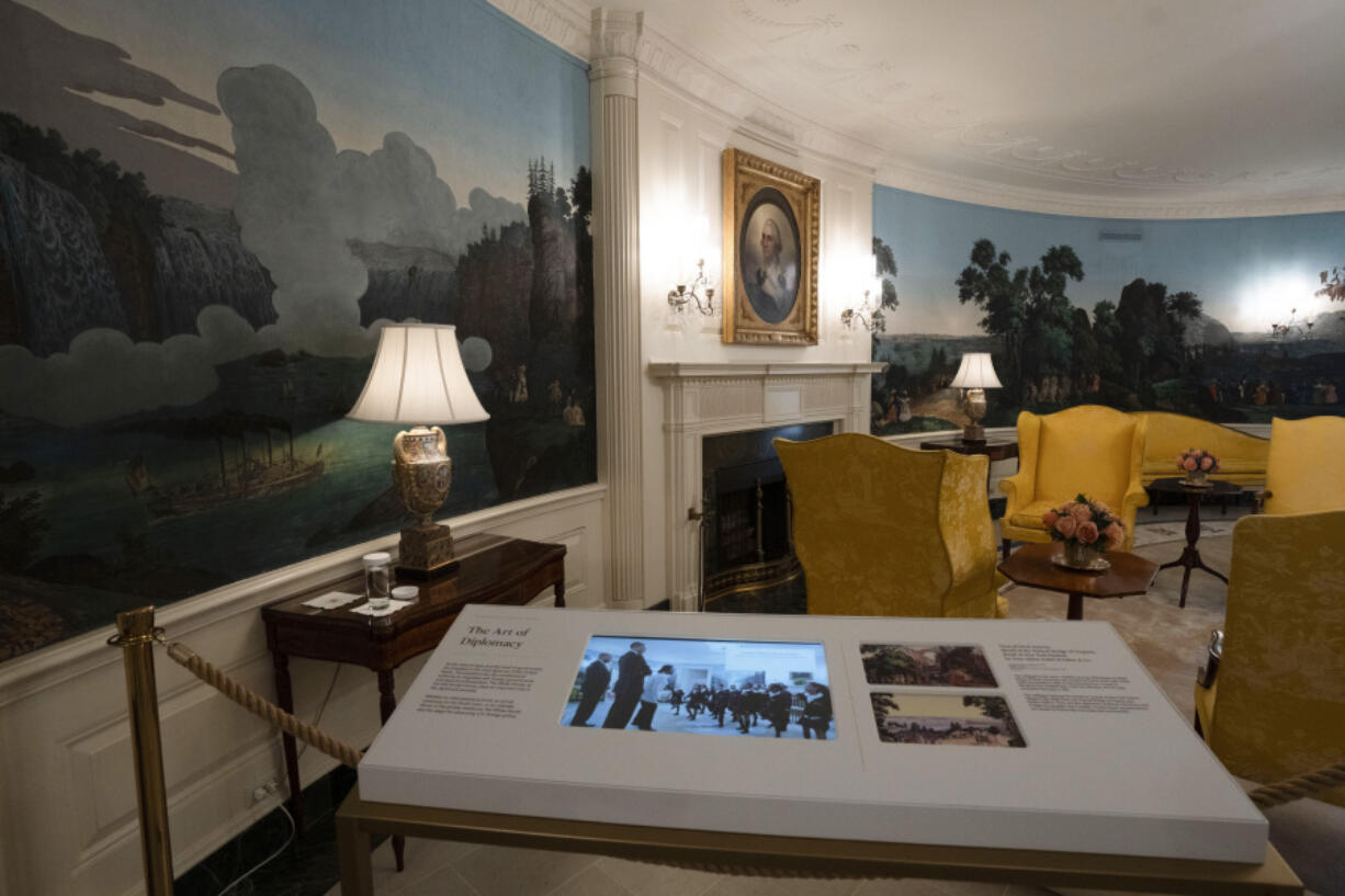 A new stop in the White House Public Tour features the previously off-limits Diplomatic Reception Room, shown Friday, Oct. 18, 2024. This ground-floor room is where President Franklin D. Roosevelt recorded his &ldquo;fireside chats.&rdquo; First lady Jill Biden is unveiling the updated tour on Monday, Oct. 21, 2024.