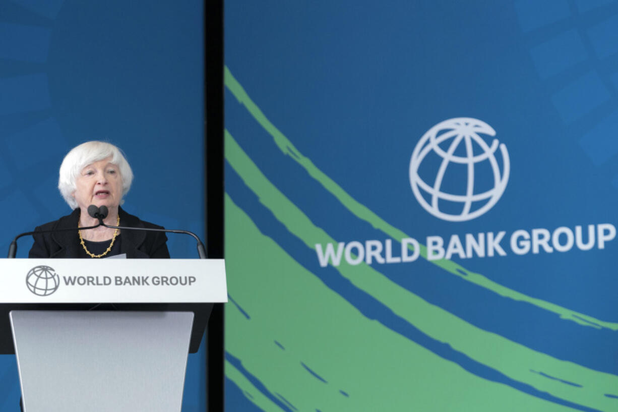 Secretary of the Treasury Janet Yellen speaks during a forum at the World Bank/IMF Annual Meetings in Washington, Tuesday, Oct. 22, 2024.