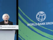 Secretary of the Treasury Janet Yellen speaks during a forum at the World Bank/IMF Annual Meetings in Washington, Tuesday, Oct. 22, 2024.