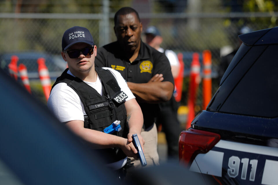 New police recruits practice traffic stop arrests at Washington's Criminal Justice Training Center in Burien on April 2. Washington state provides police officers with just one hour of training on handling hate crimes throughout their 720-hour basic police academy training despite recent rises in hate crimes or acts of discrimination.