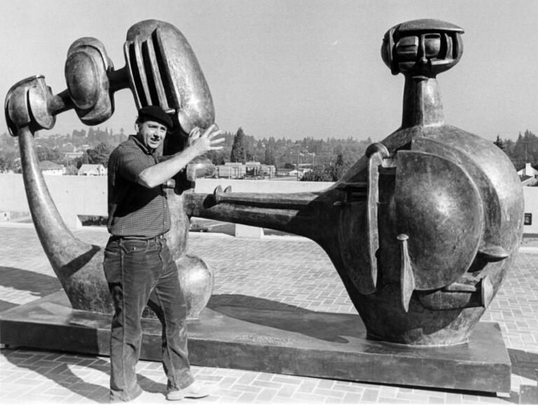 James Lee Hansen with his sculpture &ldquo;Shaman&rdquo; in Olympia.