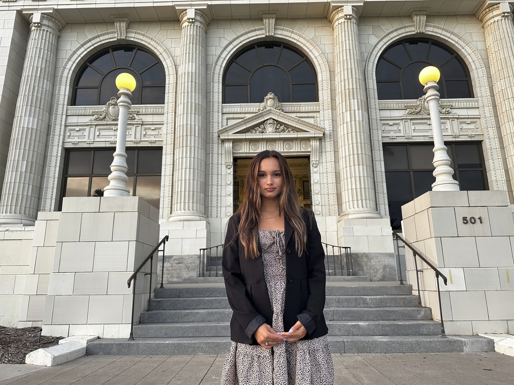 Kaylin Hayman, 17, poses outside Ventura City Hall in Ventura, Calif., Oct. 17, 2024.