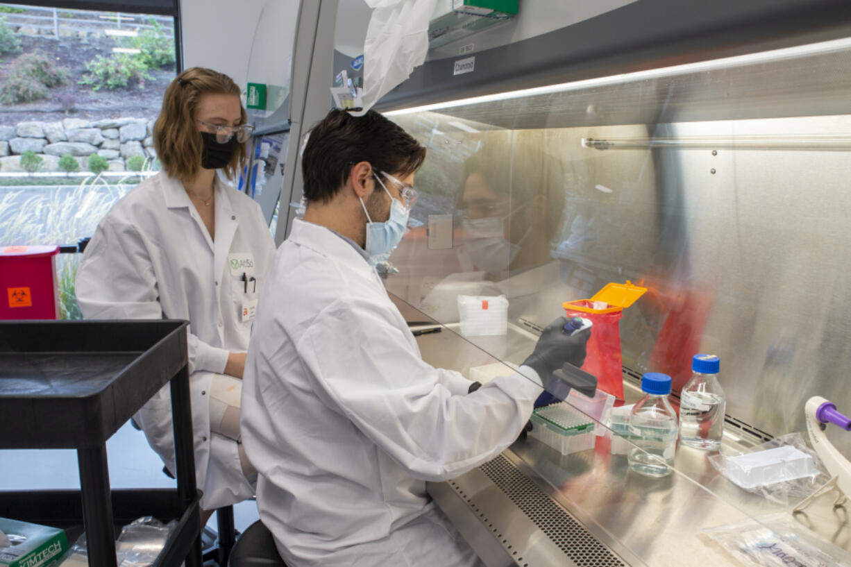 In one of the labs of Absci, headquartered in Vancouver, Emily Grahn, left, and Pierce Von Buttlar measure the optical density of bacterial culture strains before they are stocked for future use in experiments. The company recently delivered its first artificial intelligence-generated antibody to drug giant AstraZeneca. &ldquo;It really shows like this isn&rsquo;t just hype,&rdquo; Absci founder and CEO Sean McClain said.