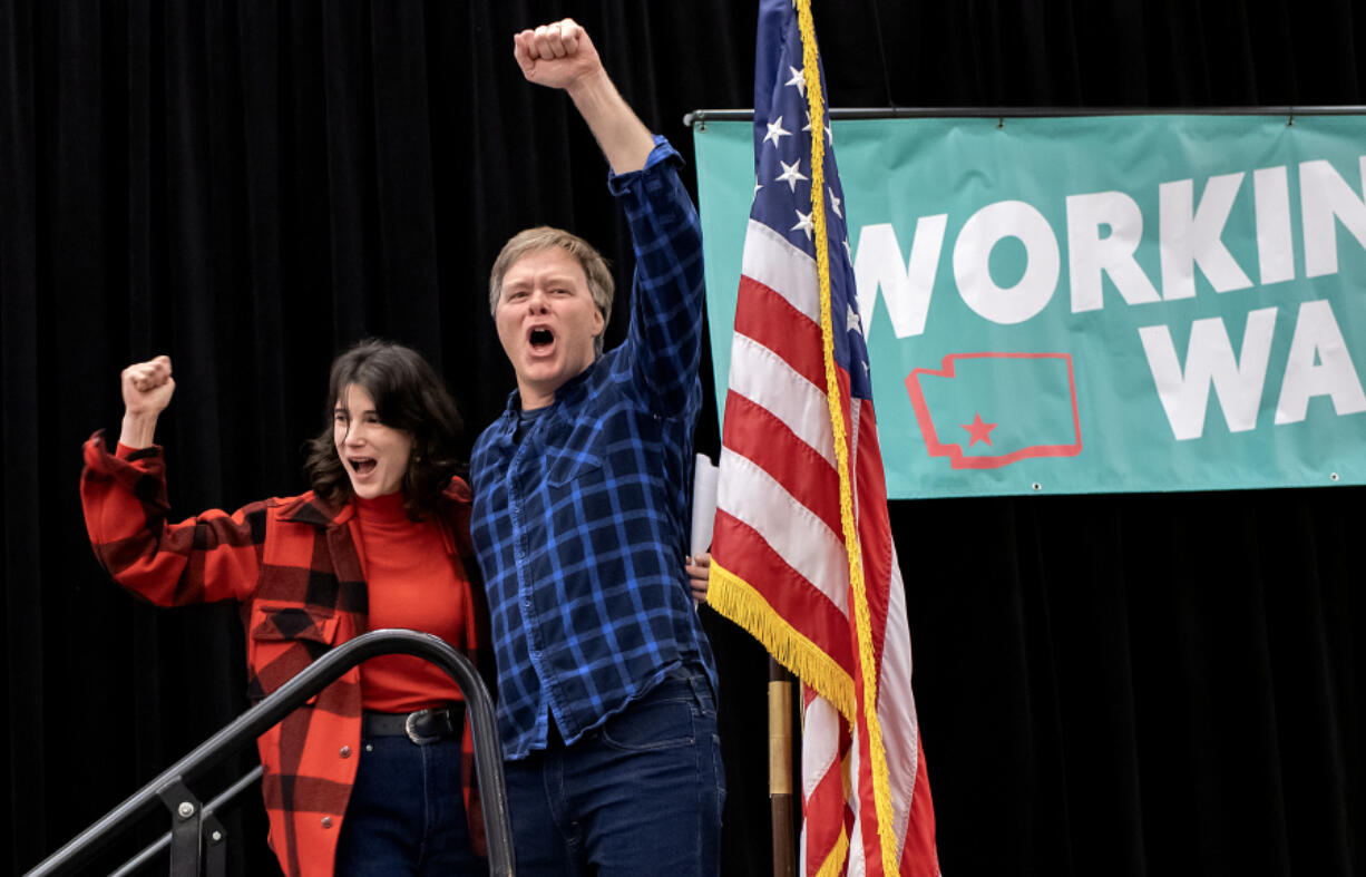 U.S. Rep. Marie Gluesenkamp Perez, D-Skamania, celebrates early election results with Tim Probst, chairman of the Clark County Democrats, on Tuesday night.