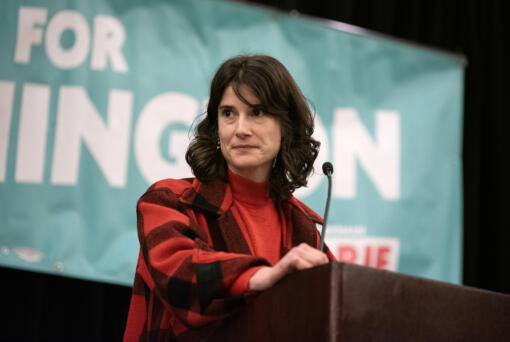 Rep. Marie Gluesenkamp Perez speaks to the crowd at an election night party at the Hilton Vancouver Washington on Tuesday night. Perez remained cautiously optimistic as initial results showed her leading by more than 11,000 votes.