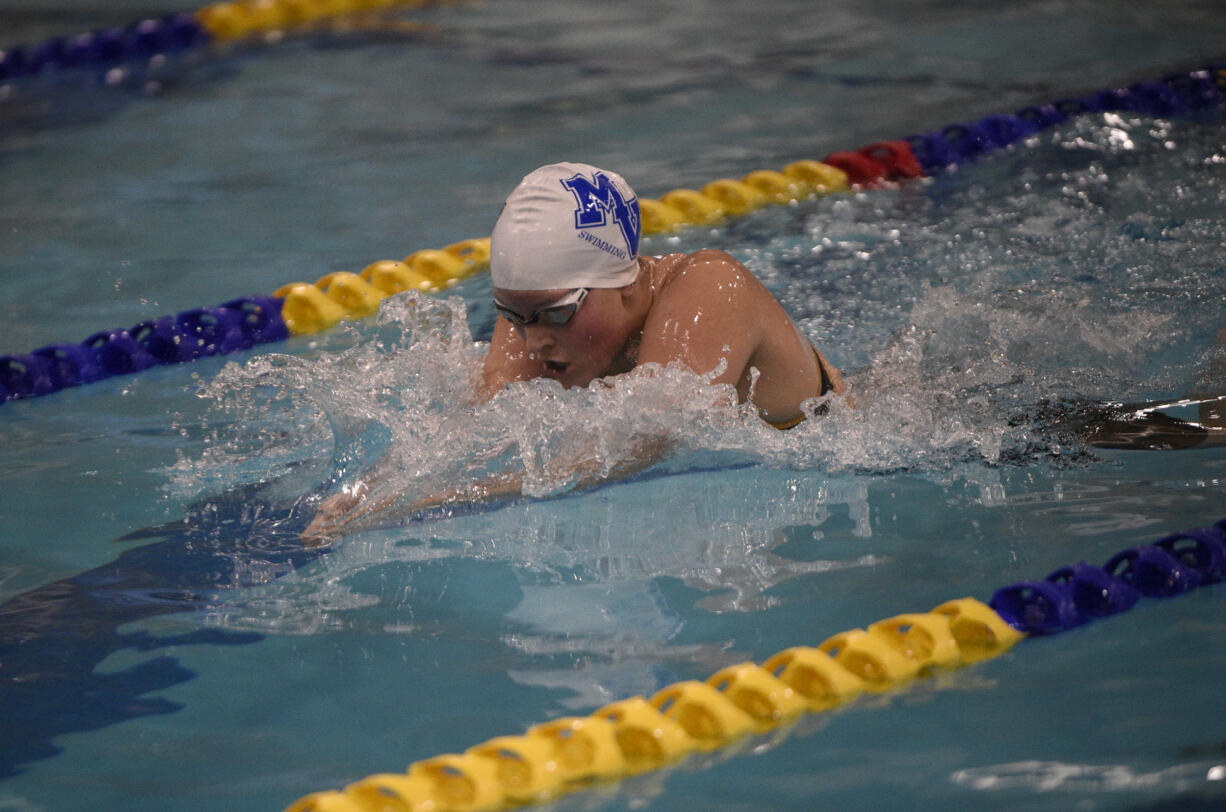 Lucy Demaray of Mountain View swims in the 3A 200-yard individual medley at the 4A/3A District 4 girls swimming championships at Kelso High School on Saturday, Nov. 2, 2024.