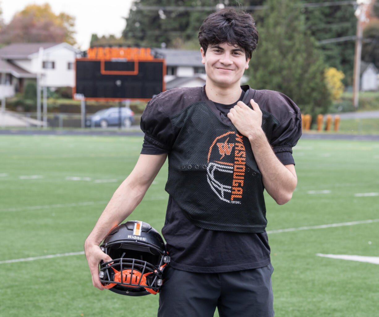 Washougal senior Elijah Franco stands for a portrait Tuesday, Nov. 5, 2024, at Washougal High School. The defensive standout started helping his team&Ccedil;&fnof;&Ugrave;s offense midway through the season when he began taking snaps at quarterback and running back.