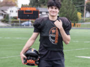 Washougal senior Elijah Franco stands for a portrait Tuesday, Nov. 5, 2024, at Washougal High School. The defensive standout started helping his team&Ccedil;&fnof;&Ugrave;s offense midway through the season when he began taking snaps at quarterback and running back.