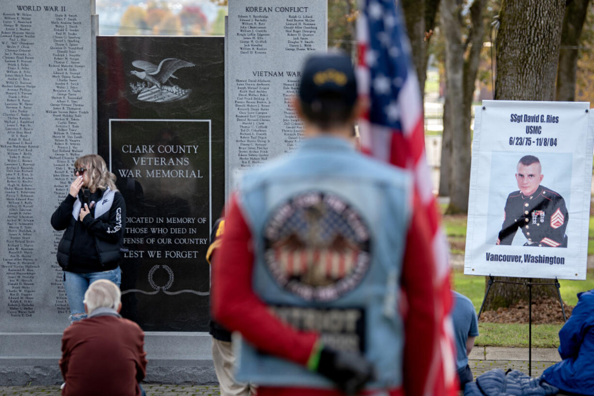 Camyrn Ries honors the memory of her father, U.S. Marine Corps Staff Sgt. David George Ries, during a ceremony at Fort Vancouver National Historic Site. Ries was killed Nov. 8, 2004 in Iraq when his vehicle struck a roadside improvised explosive device.