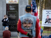 Camyrn Ries honors the memory of her father, U.S. Marine Corps Staff Sgt. David George Ries, during a ceremony at Fort Vancouver National Historic Site. Ries was killed Nov. 8, 2004 in Iraq when his vehicle struck a roadside improvised explosive device.