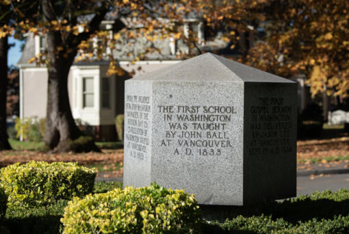 It's easy to miss the "Firsts" monument that emerges from some shrubs at the west end of Officers Row in Vancouver.