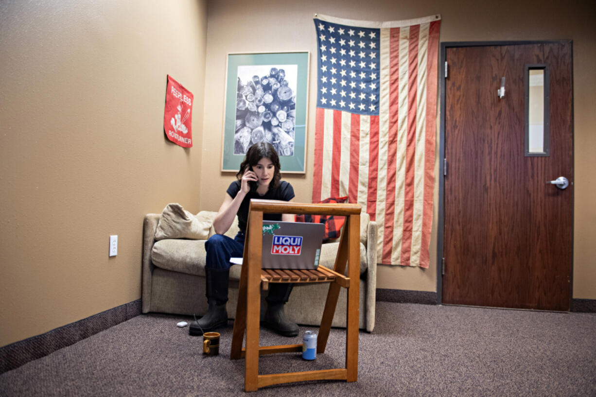 At her Vancouver campaign headquarters on Election Day, U.S. Rep. Marie Gluesenkamp Perez phones voters whose ballots were damaged in the ballot box fire at Fisher&rsquo;s Landing to encourage them to participate in the election.