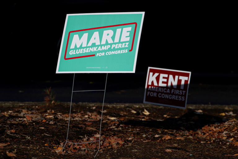 Afternoon light illuminates campaign signs in southeast Vancouver as candidates work nonstop to try to be elected for Washington&rsquo;s 3rd Congressional District.