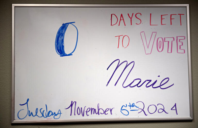 A white board in the Vancouver campaign headquarters of U.S. Rep. Marie Gluesenkamp Perez marks the final hours before the polls close.