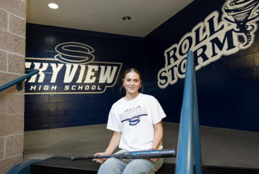 Taylor Lies, a junior on Skyview’s slowpitch softball team, poses at Skyview High Schol on Thursday, Nov. 14, 2024 in Vancouver, Washington.