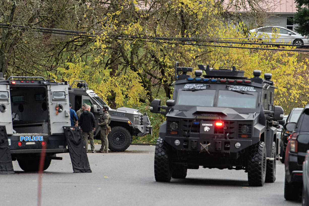 Law enforcement officers respond to the scene of a shooting in Camas on Thursday morning, Nov. 14, 2024.