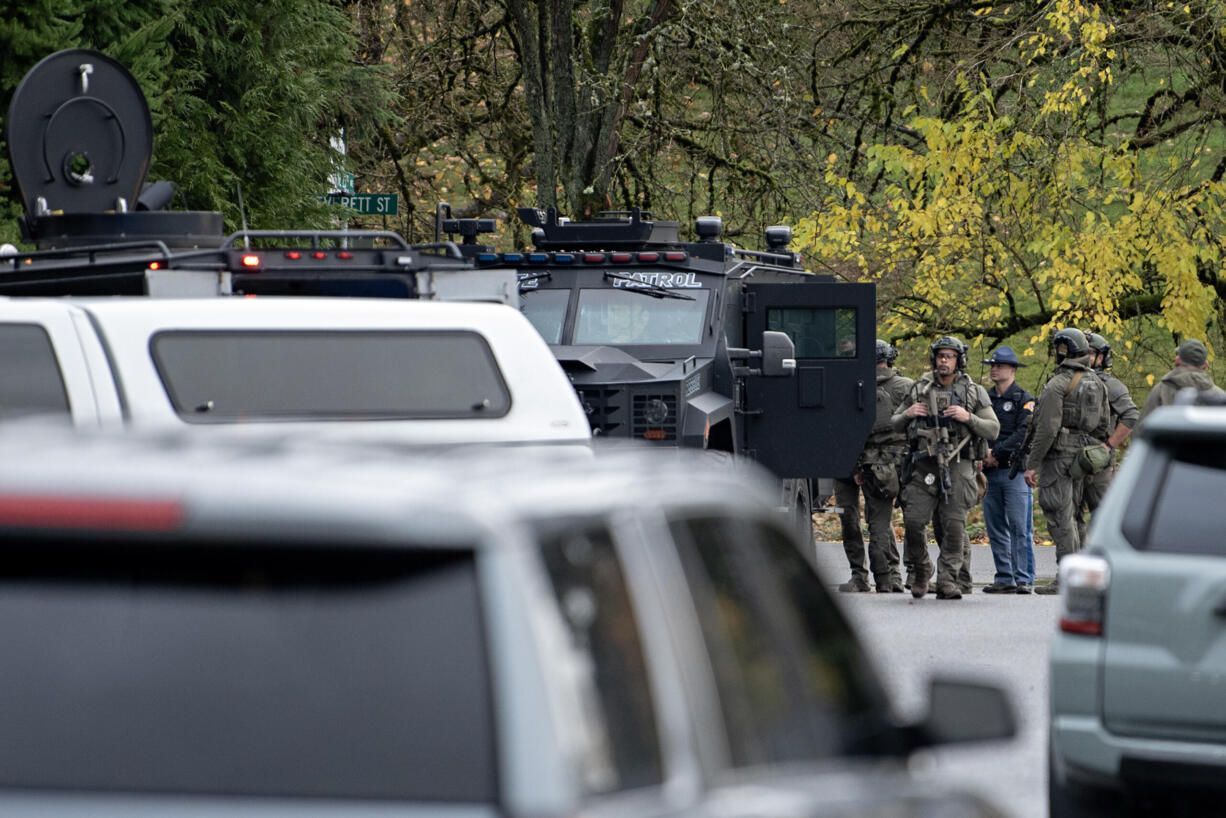 Law enforcement officers respond to the scene of a shooting in Camas on Thursday morning, Nov. 14, 2024.