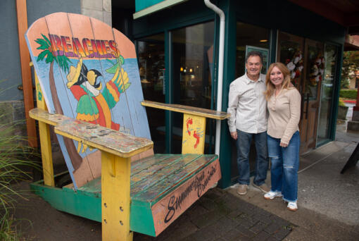 Beaches Restaurant &amp; Bar owners Mark Matthias and Ali Novinger are auctioning off pieces of the place to raise money for charities, including the famous oversized deck chair. Beaches will close Dec. 31 after three decades in Vancouver along the Columbia River.