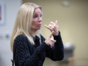 Luanne Conner speaks to court participants in American Sign Language following a hearing Nov. 21 at Clark County&rsquo;s Family Law Annex. This year, the court has provided interpreters in more than 40 languages, with the most common being Spanish, Chuukese and Russian.