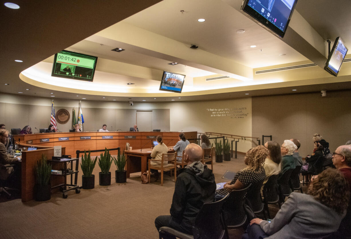 Residents on Monday ask the Vancouver City Council to ban camping along West Mill Plain Boulevard (Taylor Balkom/The Columbian)